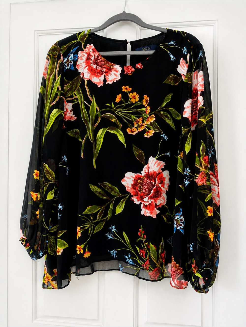 Floral Chiffon Long Sleeve Top - Black - Picture 2 of 3